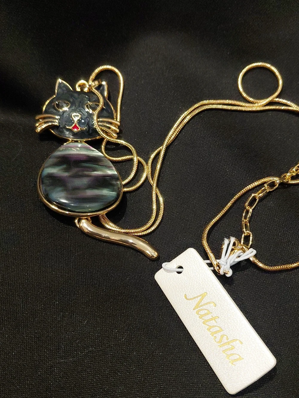 NATASHA Cat Pendant Necklace with Iridescent Teardrop Accent Movable